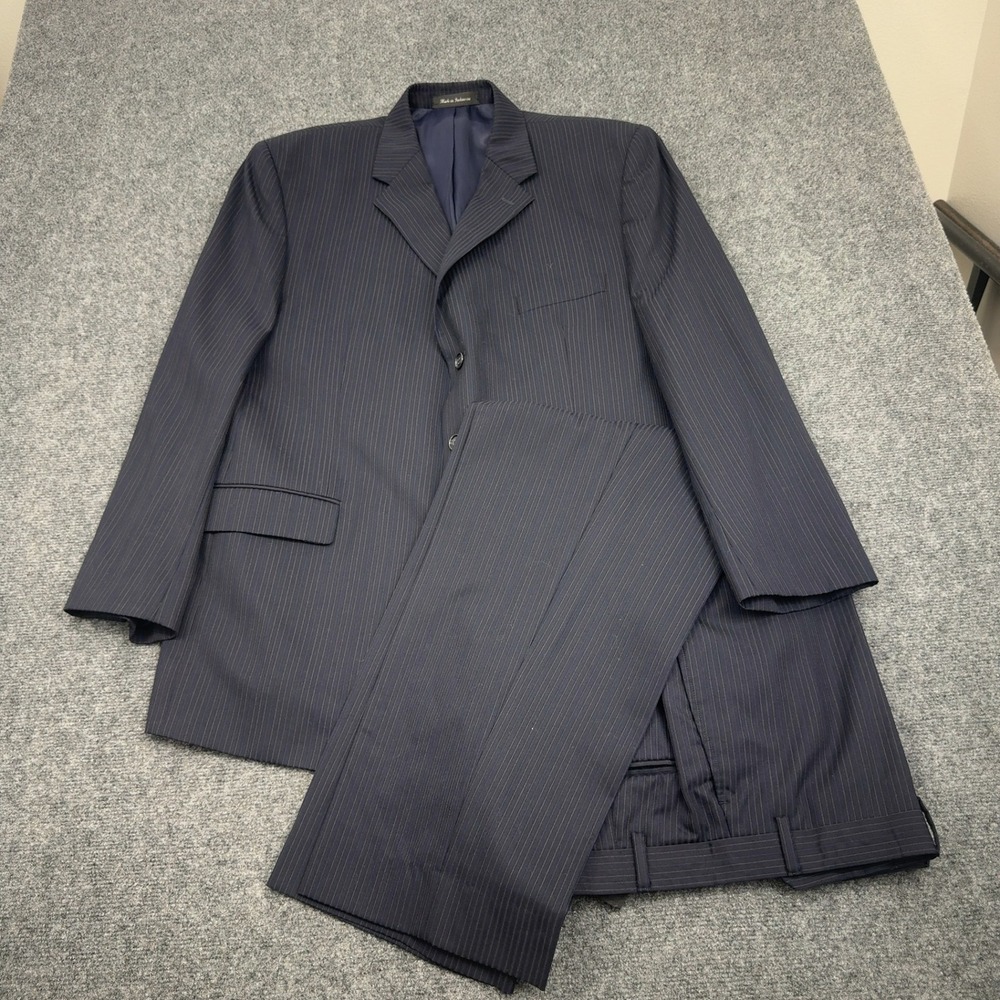 Calvin Klein Suit Mens 46R Navy Blue Wool Pinstripe Two Button Side Vent Classic